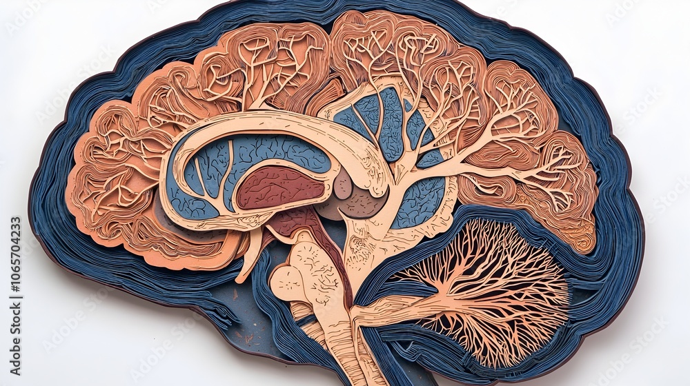 Poster detailed paper cut style showcasing the intricate anatomy of the human brain including neurons synap