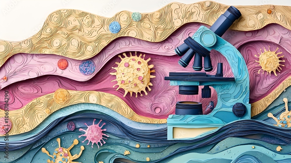 Poster digital of a layered paper cut style microscope with colorful abstract depictions of bacteria cells 