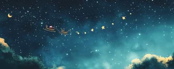 Fototapeta premium Scène nocturne avec traîneau du Père Noël volant parmi les étoiles et la lune.