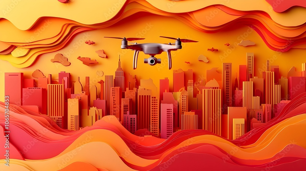 Poster drone flying over a layered paper cut style cityscape with intricate details of a and propeller the 