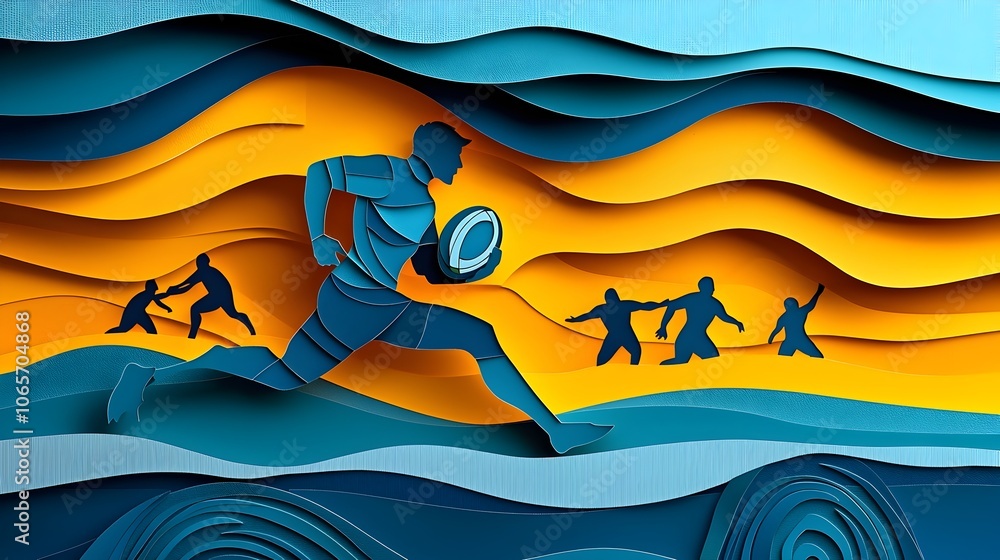 Poster dynamic layered papercut style of rugby player holding ball on field with team in action