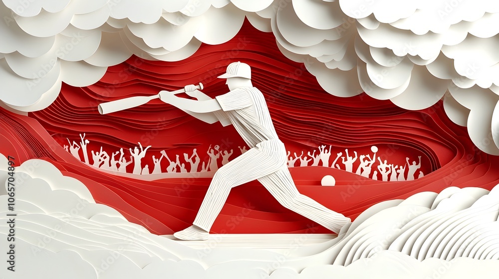 Poster dynamic paper cut style of a baseball player powerfully swinging a bat surrounded by a layered field