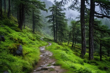 Naklejka premium Tropical Paradise: Tranquil Path through Himalayan Rainforest with Lush Foliage and Green Canopy