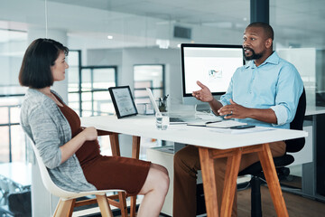 Business people, talking and woman pregnant in office for human resources, meeting and employee...