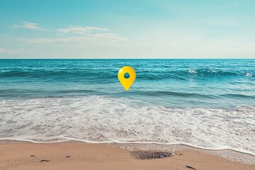 Obraz premium Mer turquoise avec marqueur de localisation sur la plage.