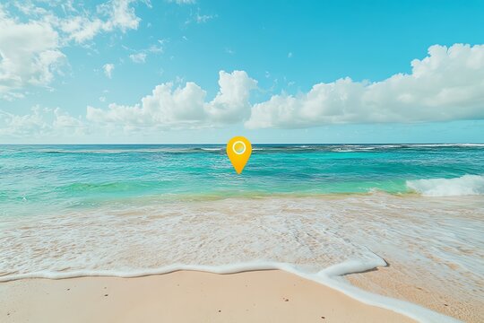 Plage tropicale avec marqueur de localisation jaune.