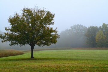 Obraz premium Tranquil Morning in the Old Meadow: Serene Sunrise in a Green Field