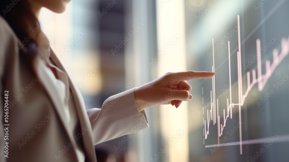 Poster a business professional examines key financial data on a large digital display, focusing intently on