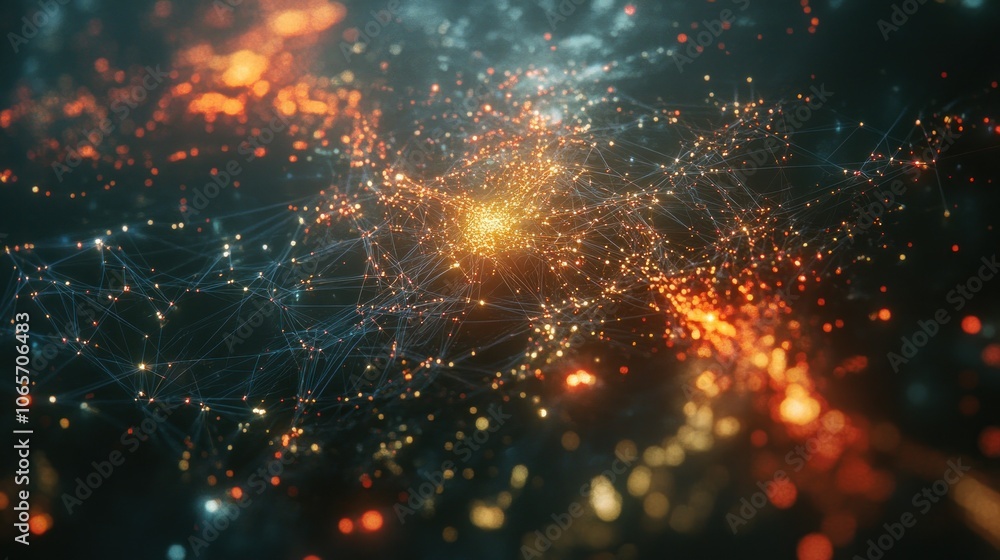 Poster abstract visualization of interconnected networks resembling stars and data points in space.