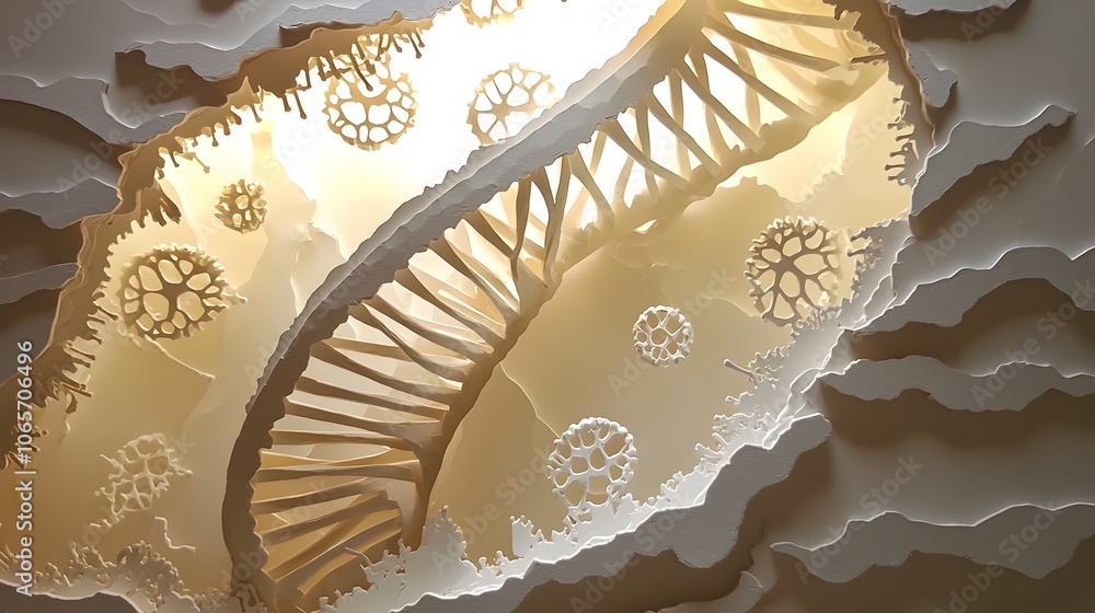Poster intricate layered paper cut style of a dna helix with detailed molecular strands and surrounding geo
