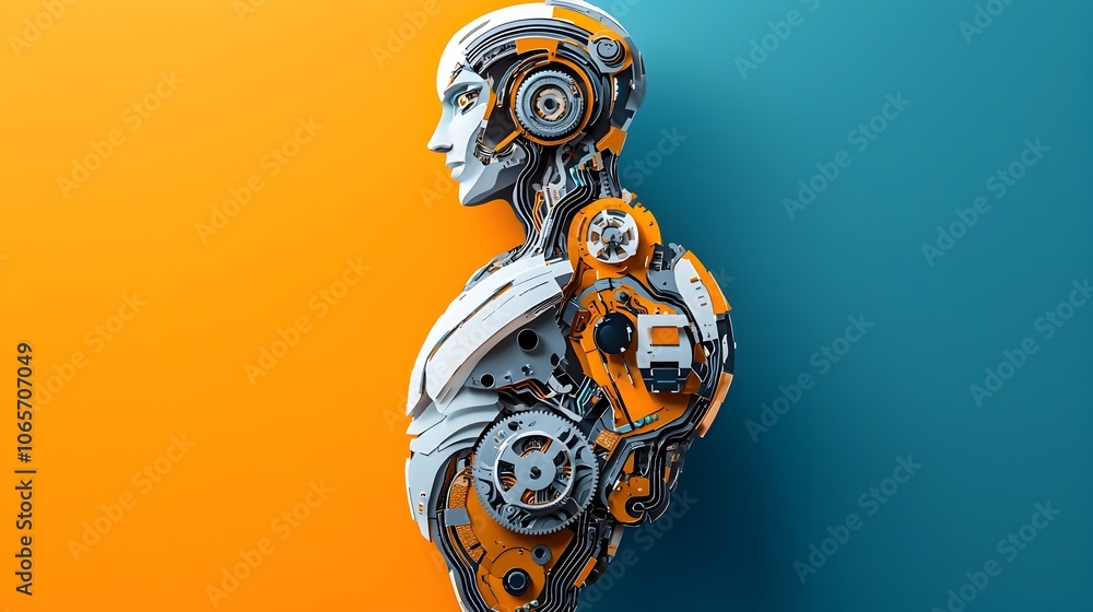 Poster layered circuits and gears of a futuristic paper cut robot a stylized depicting the mechanical and e