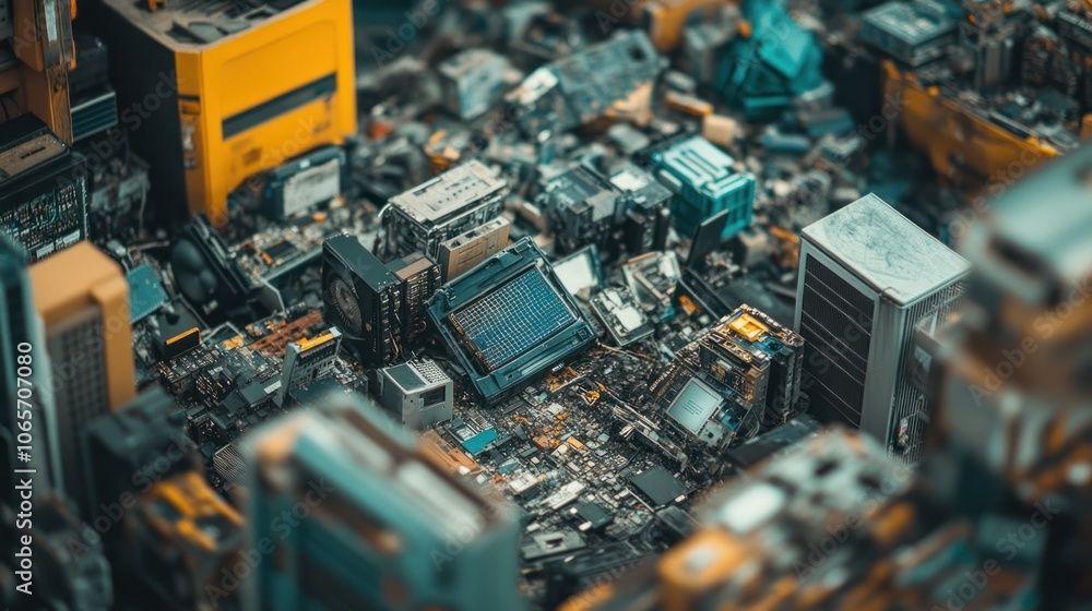 Poster a close-up view of various electronic circuit boards and components arranged together.