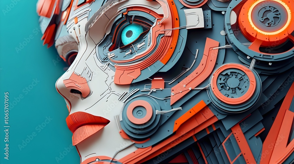 Poster layered circuits and gears of a futuristic robotic paper cut with led like elements in an abstract d