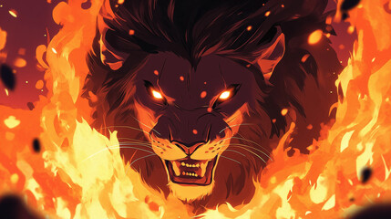 Fierce Lion Surrounded by Flames with Glowing Eyes