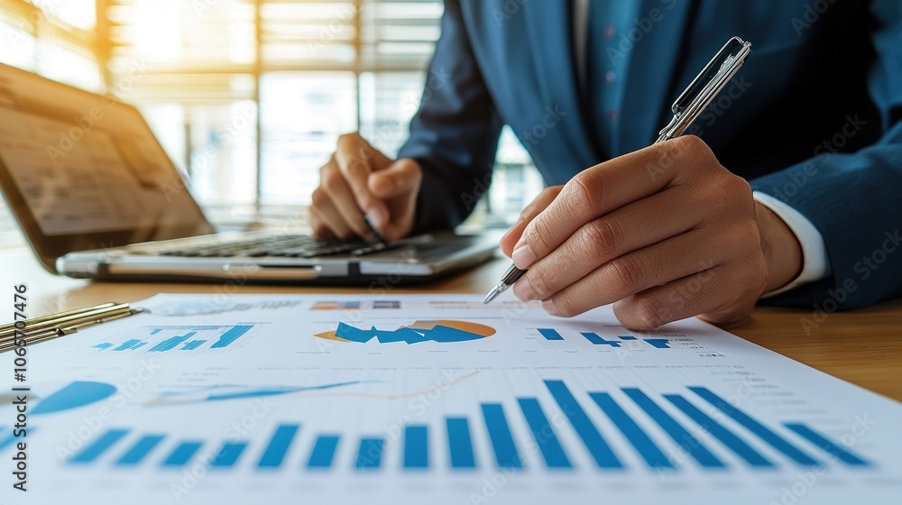 Poster a business professional analyzes graphs and charts on a report while working on a laptop in a well-l