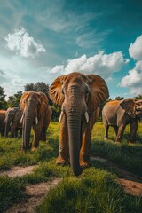 Fototapeta premium Elephants in Green Field