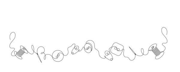 Needlework and sewing concept spools of thread, needles, pins and buttons drawn in continuous line in minimalism, single line, thematic border, editable vector contour.