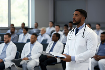 Fototapeta premium Medical professionals attending a training session in a modern lecture hall