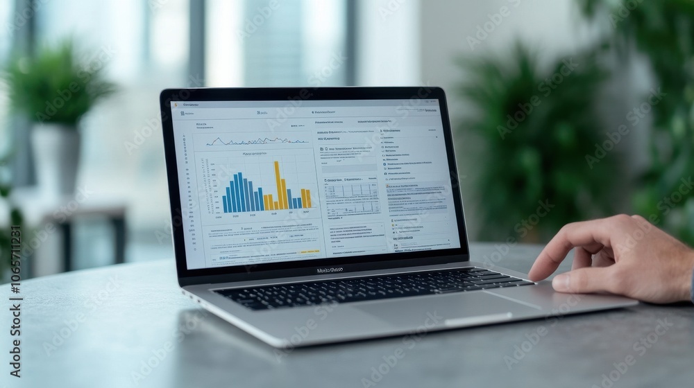 Poster hand sliding laptop across table with data analysis
