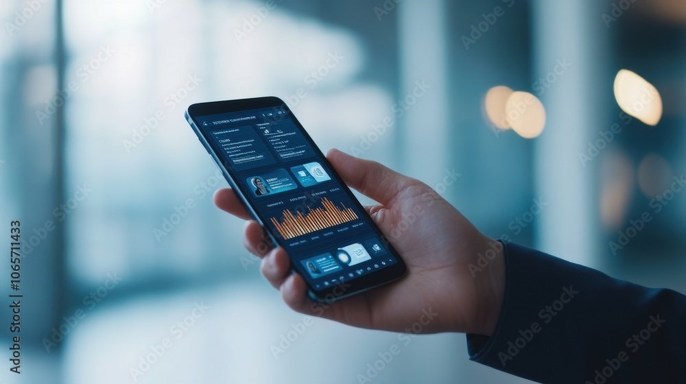 Poster consultant holding phone with data visualization display