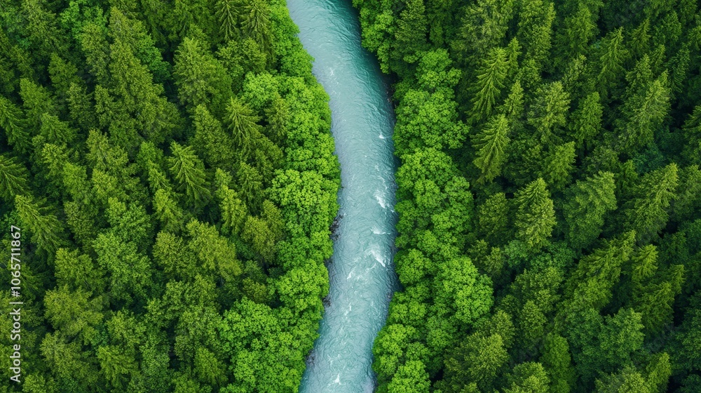 Poster serene forest with a flowing stream above view