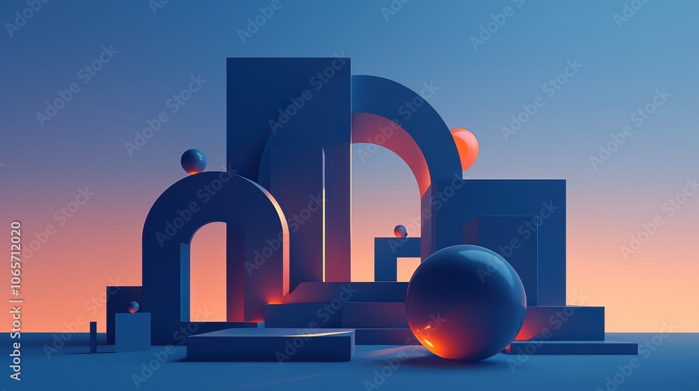 Poster a captivating abstract composition featuring geometric shapes with glowing elements against a gradie