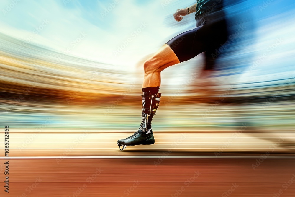 Aufkleber an athlete using a prosthetic leg is sprinting at high speed on a track during a competition, showca