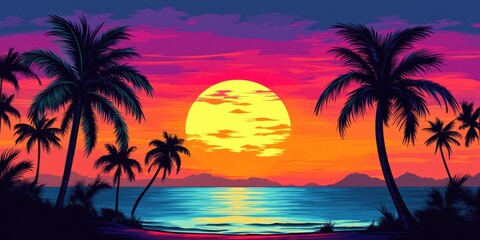 Obraz premium Tropical Sunset: Serene Palm Trees Silhouette by the Ocean under an Orange and Red Sky
