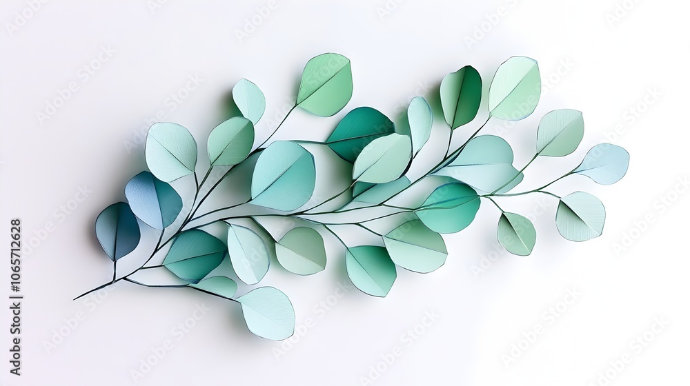 Poster stylized paper cut out design of a eucalyptus branch featuring layered rounded leaves in soft muted 
