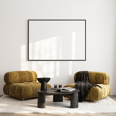 Frame mockup, ISO A paper size. Living room wall poster mockup. Interior mockup with house background. Modern interior design. 3D render

