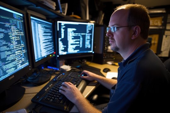 A programmer is intensely focused on coding at his desk, surrounded by multiple computer screens displaying lines of code in a low-light setting, working late into the night