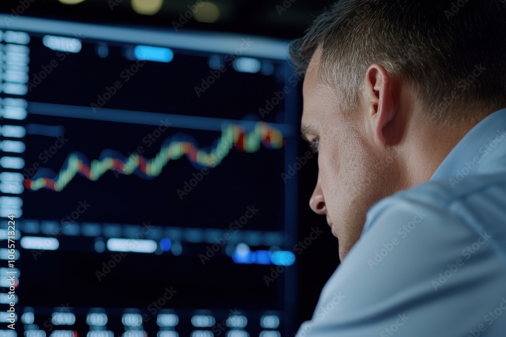 Aufkleber a man focuses intently on a computer screen displaying stock market charts and data in a dimly lit o