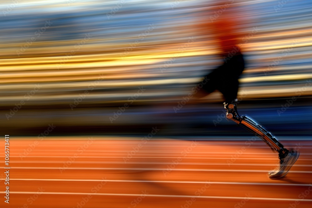 Poster An athlete runs swiftly on a track, showcasing agility and determination with a prosthetic leg in bright sunlight. Generative AI