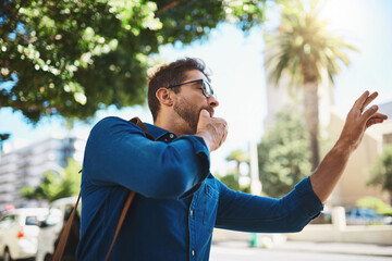 Travel, man and wave in city for taxi, public transport service and whistle for attention. Person,...