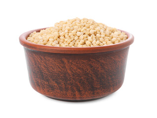 Raw couscous in bowl isolated on white