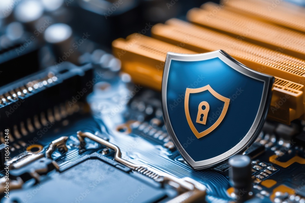 Poster a cybersecurity emblem featuring a shield is displayed on a detailed computer motherboard, highlight
