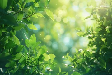 Obraz premium Fresh green bio background with blurred foliage and sunlight.