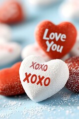 xoxo and love you messages on heart-shaped valentine candies on blue backdrop
