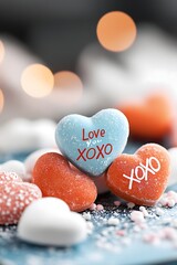 xoxo and love you messages on heart-shaped valentine candies on blue backdrop