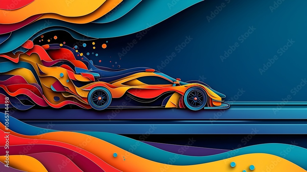 Poster vibrant and dynamic layered paper cut style of a racing car speeding along a racetrack with layered 
