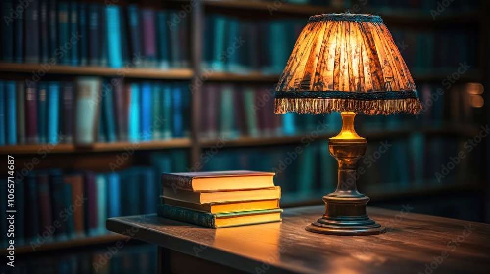Aufkleber a cozy reading nook with a lamp illuminating stacked books in a library setting.