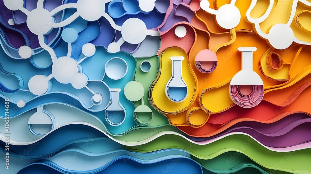 Poster vibrant and dynamic paper cut style depicting a chemical reaction with layered atoms molecules and c