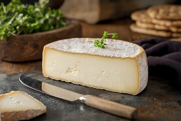 A round of creamy artisanal cheese sits on a dark slate surface next to a knife, surrounded by fresh herbs and crackers in a warm kitchen