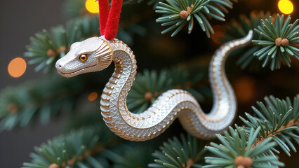 Fototapeta premium Festive 3D silver toy Snake in a Santa hat holding a Christmas tree, celebrating. Holiday greeting cards, New Year designs, and winter celebrations