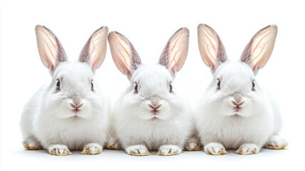 Fototapeta premium three adorable white rabbits posing together against a white background