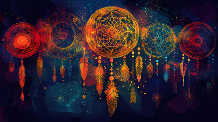 Circular motifs resembling dreamcatchers and celestial bodies for mystical and fantasy themes. , minimalism,. Mystical. Illustration