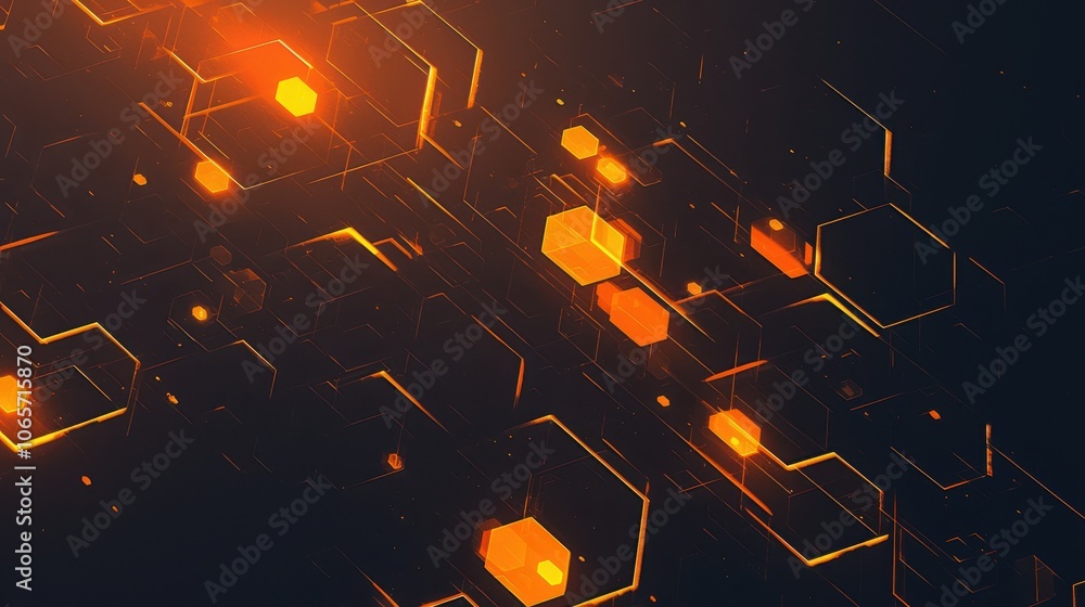 Poster abstract geometric pattern with glowing orange hexagons on a dark background, creating a modern and 