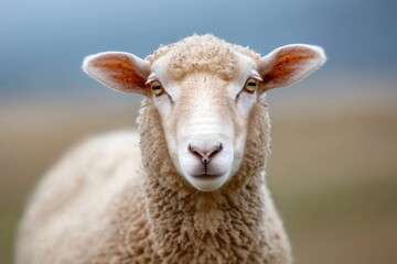 Fototapeta premium The sheep exhibits a gentle expression as it stands in a grassy area, surrounded by a tranquil landscape during the early morning hours