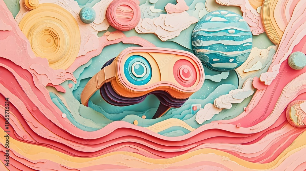 Aufkleber Vibrant Layered 3D Papercut of a Virtual Reality Headset with Digital World Elements  Abstract and Surreal of a VR Headset with Colorful Fluid Shapes Geometric Patterns