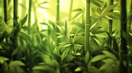 Naklejka premium Vibrant Layered Bamboo Grove with Lush Verdant Foliage in Paper Cut Out Style Tranquil Minimalist Nature Background Texture with Organic Abstract Patterns
